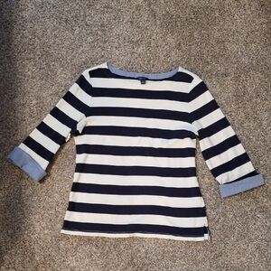 Preppy Nautical Black and White Top with Quarter Length Roll Sleeve Size Lg